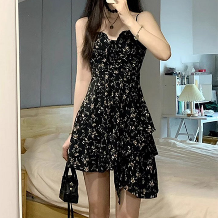 휘잇 블랙 플라워 나시 미니 원피스 뷔스티에 지지미