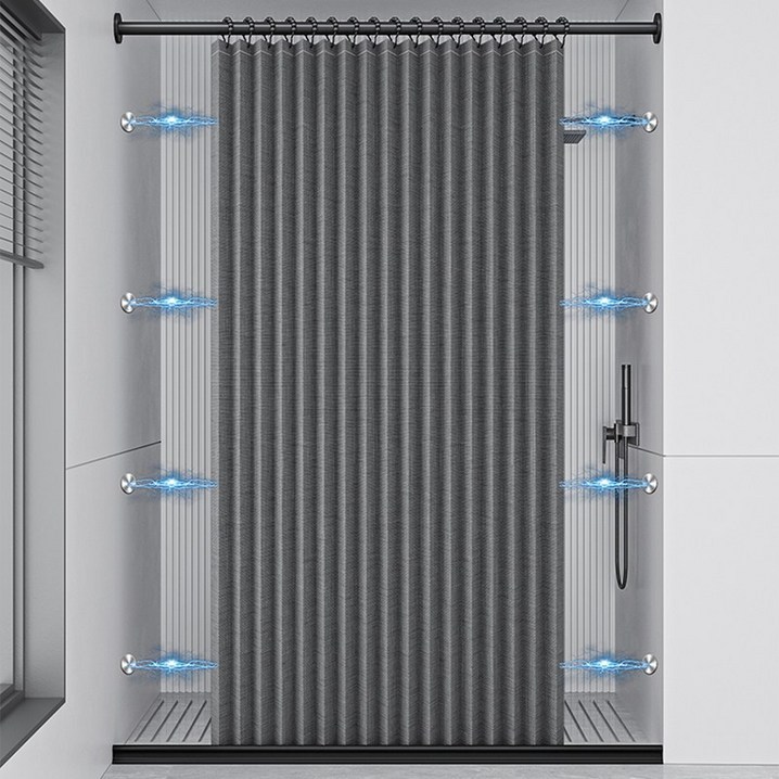 Alemon 자동접힘 욕실샤워커튼 양쪽 초강력 자석 방수 건습분리, 블랙  150200cm  1세트, 1개