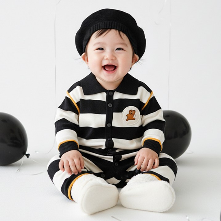 몽실이 스트라이프 카라 니트 우주복 유아용 외출복 돌선물 봄