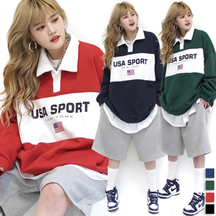 통통마녀 ] U S A 카라 배색 맨투맨 4컬러 / 남여공용 / 120 kg까지 착용 / 오버사이즈 [ 기모 포함 판매 ]