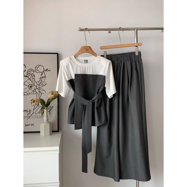 더사바여성 반팔블라우스티 와이드밴딩 팬츠 세트 여름 투피스