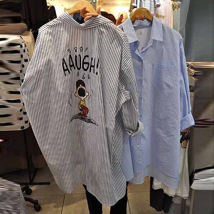 스트라이프 셔츠 루즈핏 빅사이즈 긴팔 남방 루즈핏 아우터 남방 상의 여성남방셔츠 간절기 오버핏셔츠  WAWAMIYA