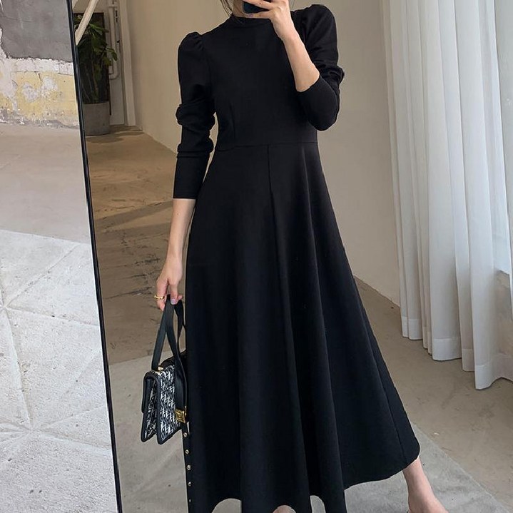 SAHINER 봄가을 여성 A라인 플레어 롱원피스 오피스룩 심플 LBQZ44