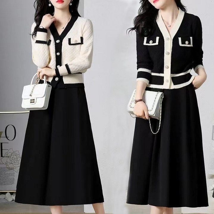 여성 투피스 치마세트 트위드 니트 플레어 스커트 결혼식 하객룩 정장세트 빅사이즈