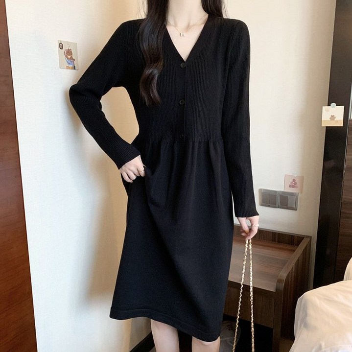COSYEVNO 여성 니트 원피스 봄 가을 브이넥 패션 루즈핏 긴팔 단추 미디스커트 lyjlyq-25