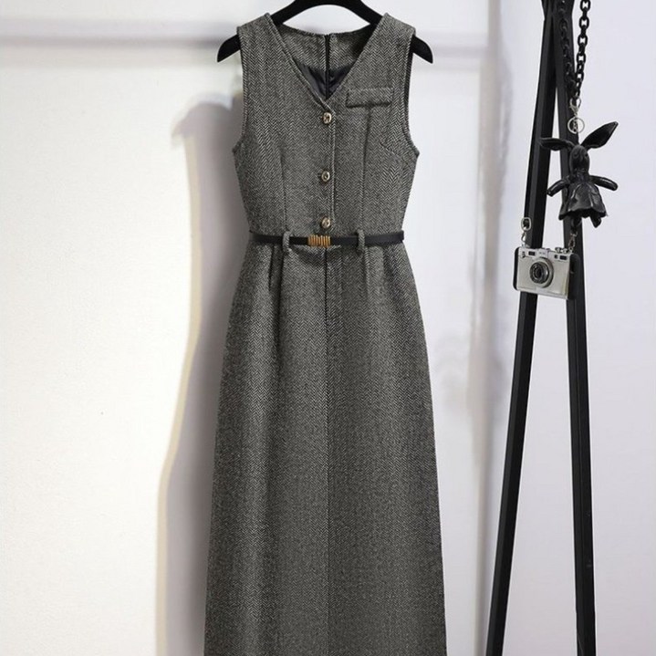 COSYEVNO 모직 나시 원피스 여성 가을 겨울 허리띠 롱 민소매 스커트