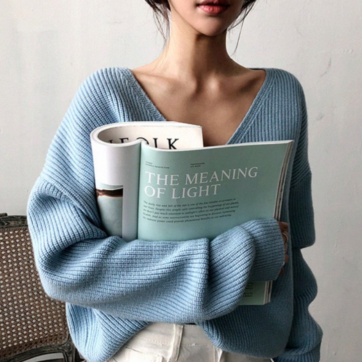 J2 STYLE 풀오버브이넥 언발란스니트