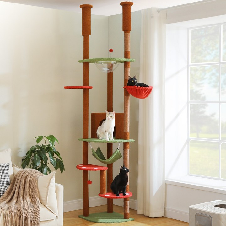 PAWZ Road 6단 대형 플러시 패브릭 캣폴,천장 고정형 트윈 기둥 높이 조절 캣타워 236CM258CM,스크래쳐 기둥숨숨집해먹, 1개, 브라운