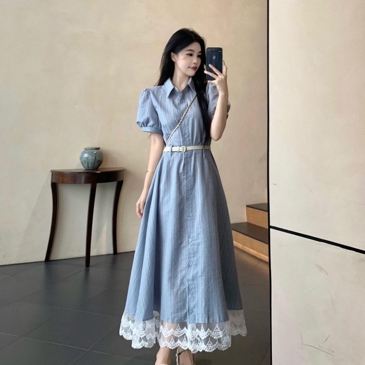ANYOU 프렌치 감성 여성 여름 원피스 레이스 배색 루즈핏 데일리룩 빅사이즈 벨트 슬림해 보이는 롱원피스 고급스러운 하객룩 바캉스룩 오피스룩