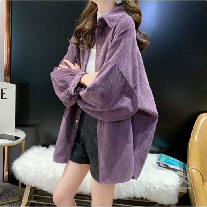 티류으스 여성 가을 코듀로이 칼라 루즈핏 미디움 롱 셔츠 재킷 오피스룩 WY
