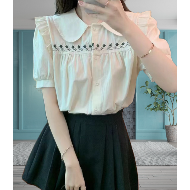 루즈핏카라  자수 블라우스8D0