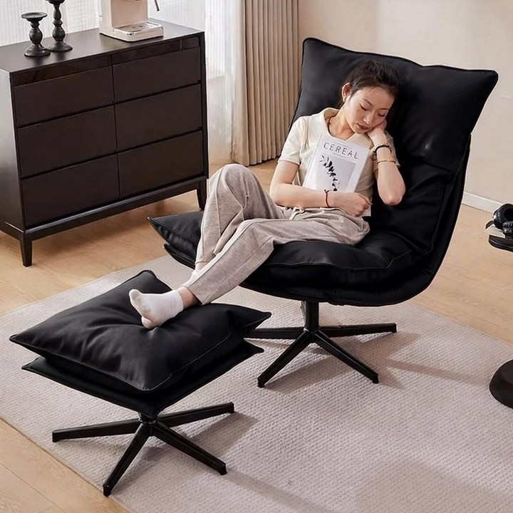 1인용 리클라이너 푹신 회전 가죽 소파 3단 각도조절 라운지쇼파 발 받침대 세트, 블랙