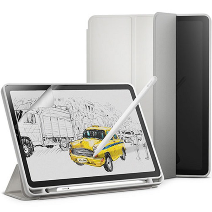 신지모루 스마트커버 애플펜슬 수납 태블릿PC 케이스 + 종이질감 액정보호 필름 세트, 웜 그레이 20230805