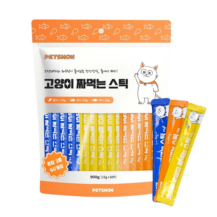 펫츠몬 짜먹는 스틱 대용량 고양이 간식, 혼합맛(닭고기/참치/연어), 15g, 60개