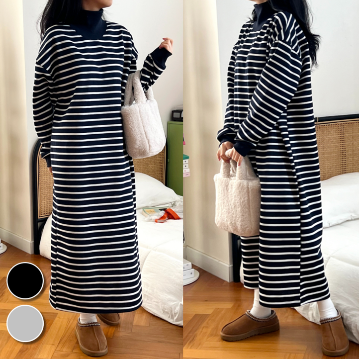 핏몬 여성 얇기모 반폴라 단가라 롱 원피스