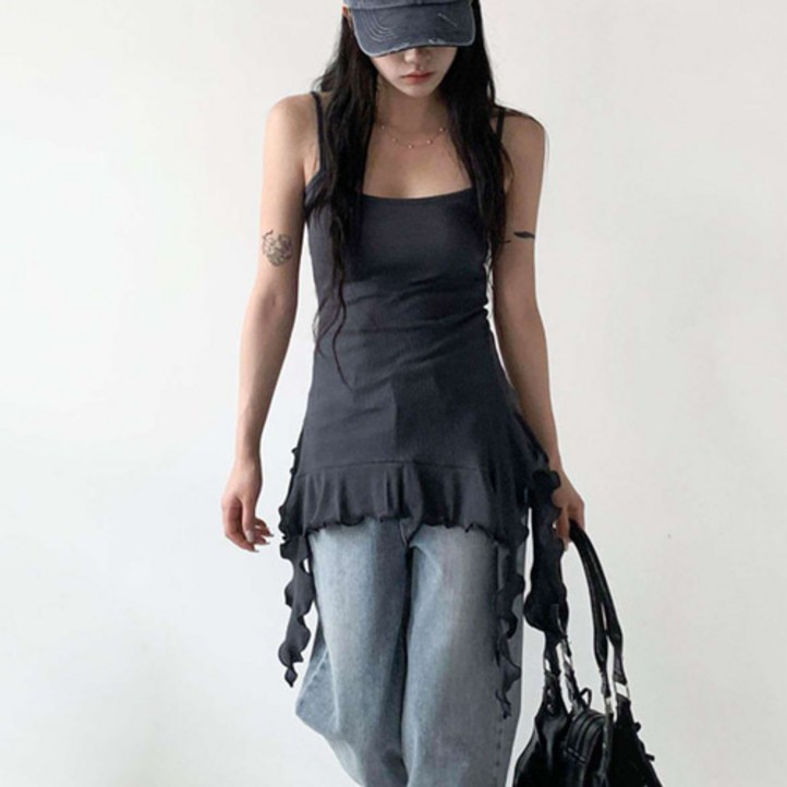 매직클로젯 여성의류 레이어드 사선 언발 드레이프 셔링 러플 캉캉 프릴 레이스 롱 나시티