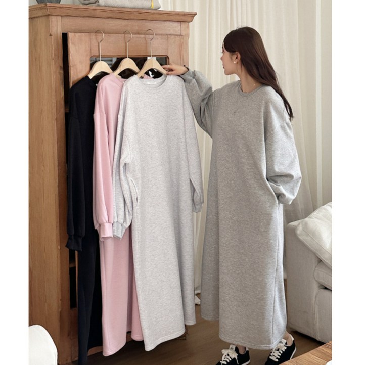 핏몬 여성 빅사이즈 무지 포켓 기모 롱 원피스