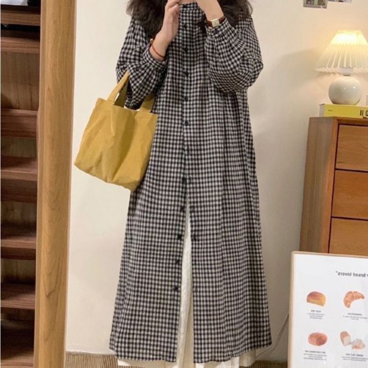 여성 롱 원피스 체크 긴팔 셔츠 원피스 봄 가을 루즈핏 빅사이즈 원피스