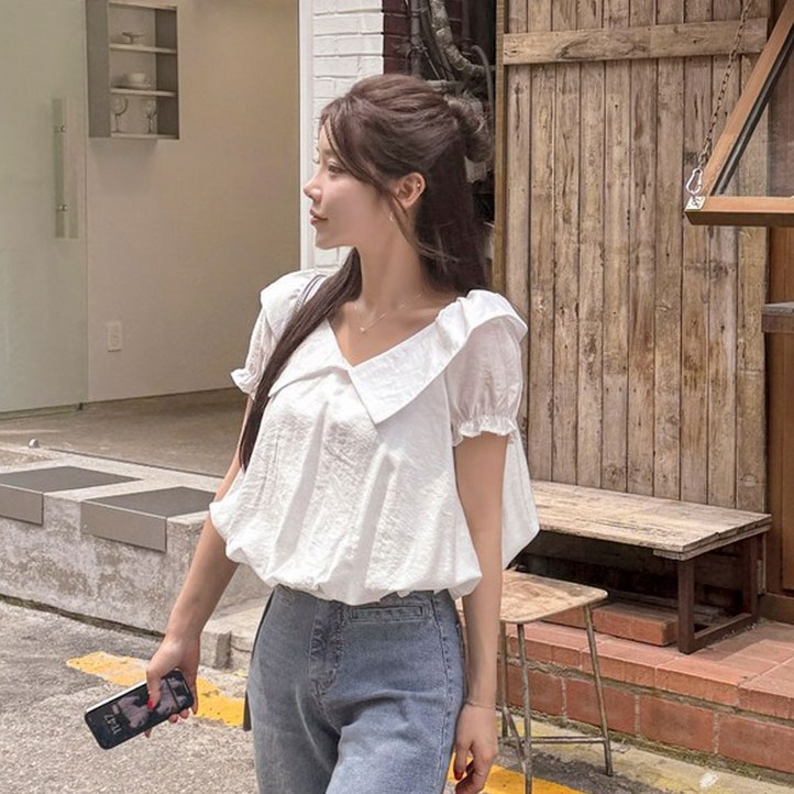 떳다그녀 루메아 빅카라 퍼프소매 러블리 여름 오프숄더 상의 러플 벌룬 데이트룩 데일리 블라우스