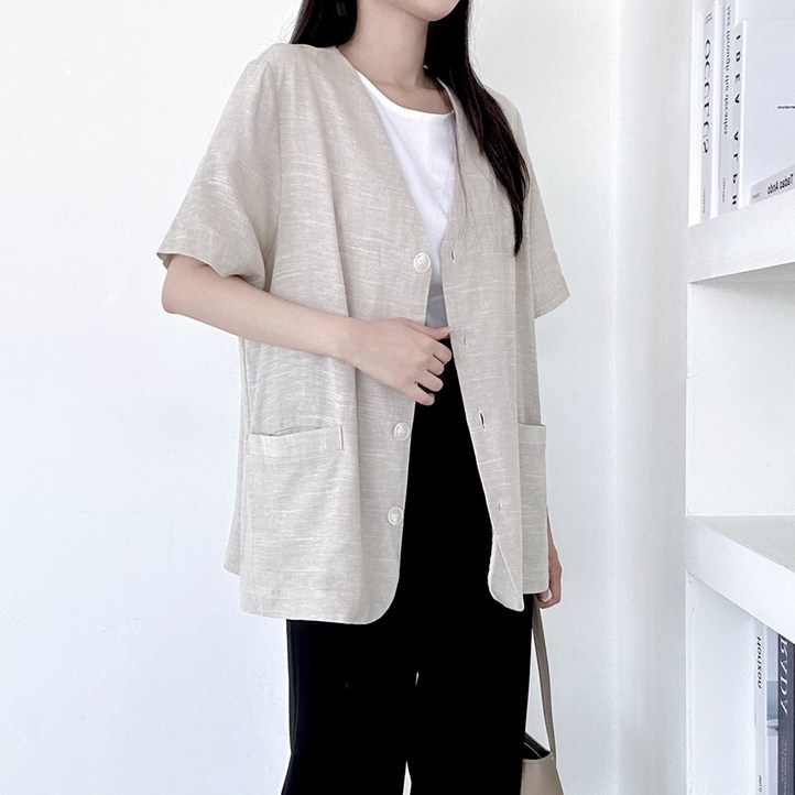 빅걸스토리 빅사이즈 여성 펜 린넨 브이 반팔 여름 자켓 - 투데이밈