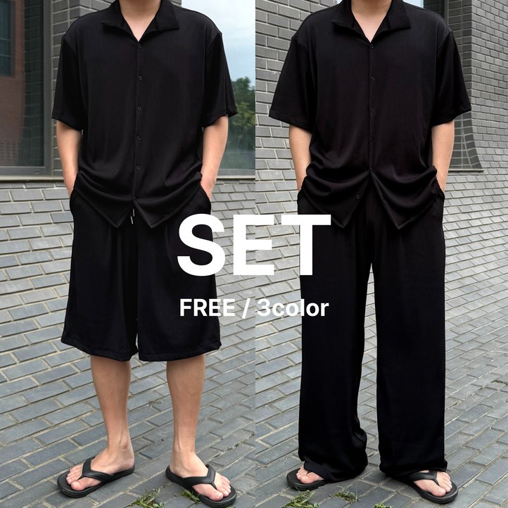 르위 오버핏 플리츠 반팔 카라 셋업 버뮤다팬츠 와이드 세트