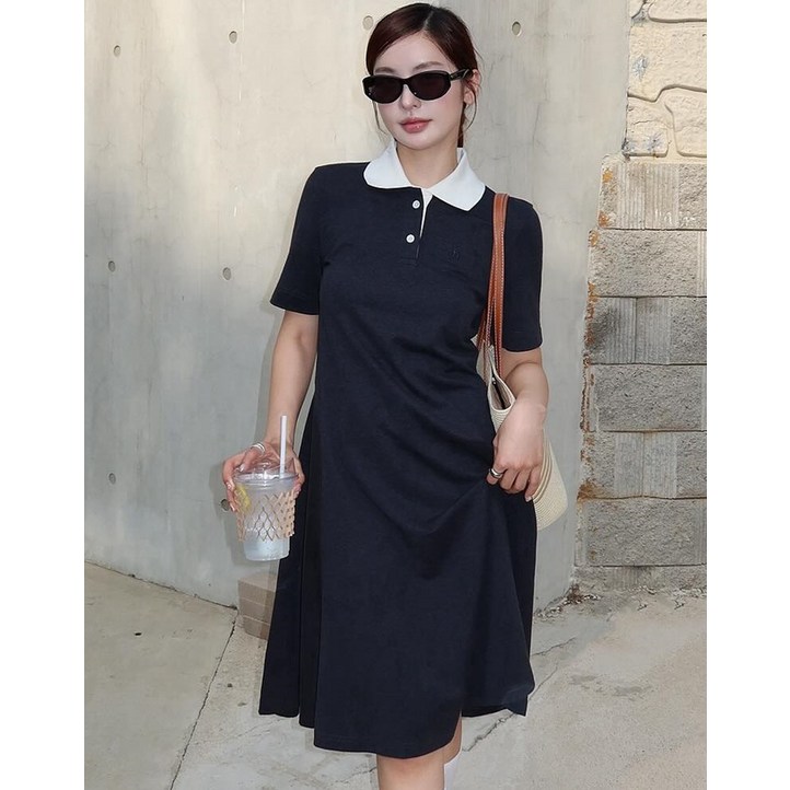 24SS 아이코닉 차콜그레이 반팔 카라 플레어원피스 HSDR4BC31CG