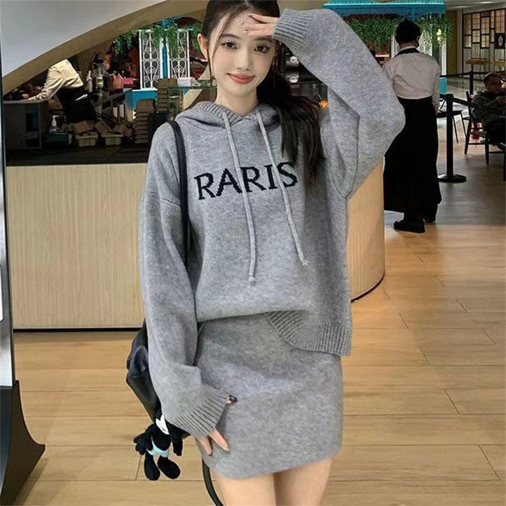 TKX 여성 투피스세트 캐주얼 니트 가을 겨울 후드티 스커트 편안한핏  패셔너블한 레터링 프린트 K37