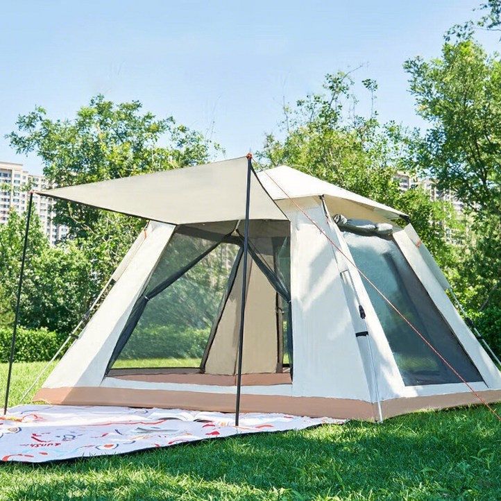Zaxnouvi 원터치 텐트 3초 자동 펼침 그늘막 텐트 34인용 캠핑 휴대용  방수매트 포함, 베이지