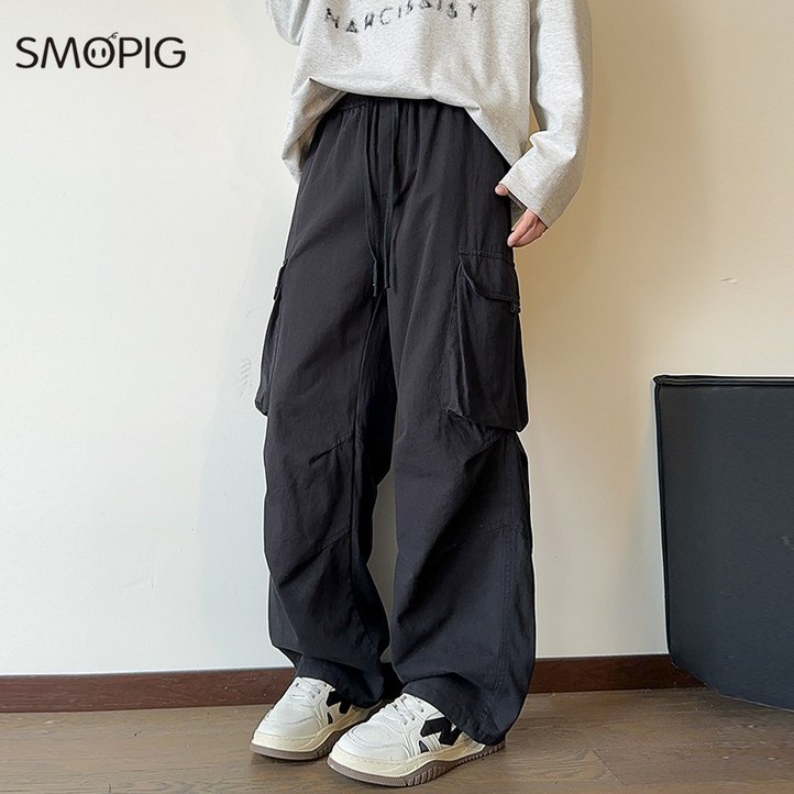 SMOPIG 남자 와이드 입체 재단 팬츠 순면으로 만든 두툼하다 춘추 캐주얼 바지 내마모성카고바지 널찍하다 드리움 캐주얼 바지