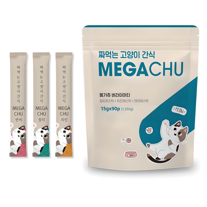 메가츄 짜먹는 츄르 고양이간식 90스틱 대용량, 연어치킨참치, 15g, 90개 메가츄 짜먹는 츄르 고양이간식 90스틱 대용량, 연어치킨참치, 15g, 90개