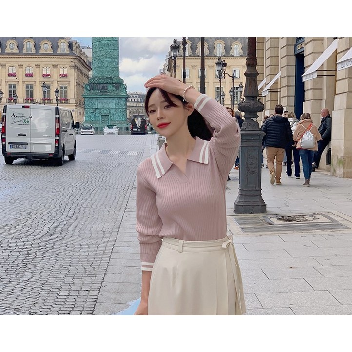 리리앤코 브로하밍 배색 오픈카라 골지 니트