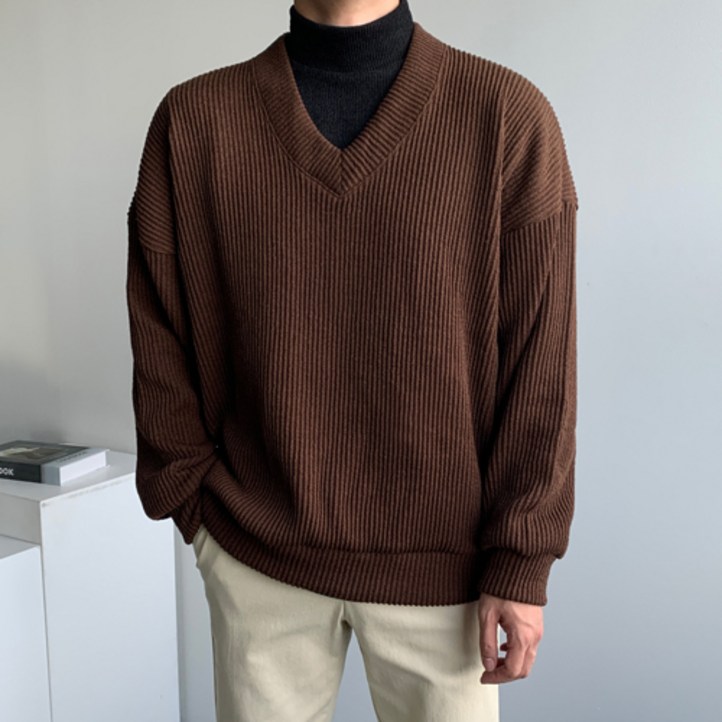 남자 제인드 브이넥 오버핏 니트 긴팔 스웨터 티셔츠 옷 가을 겨울 간절기 옷 코디