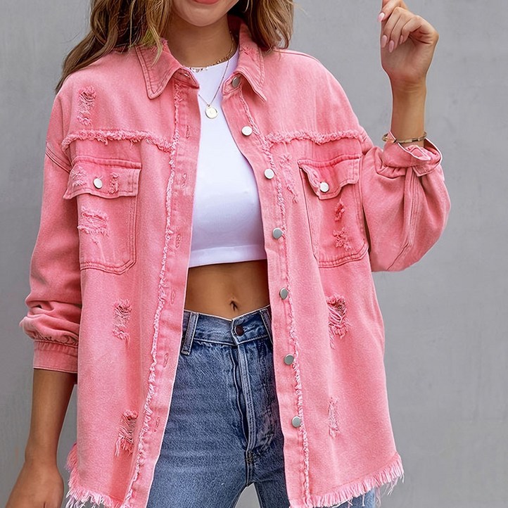 FANSYLI 여성 데님 코트 봄가을 신상 숏 루즈핏 데님자켓 대미지 긴팔 데님 셔츠 W2508A19