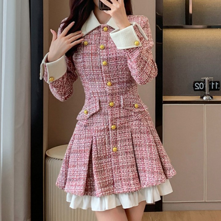 스트로베리(S~XL)  코트형원피스 트위드 레이스원피스 가을 겨울 여성정장 하객룩 연말룩