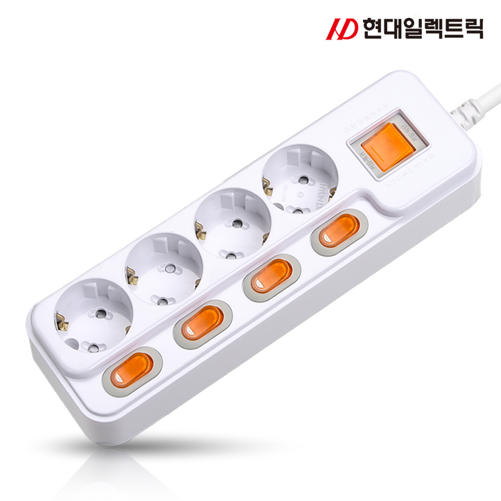 현대 국산 접지 개별 과부하차단 스위치 멀티탭 멀티콘센트 4구 16A, 1개, 화이트, 3m