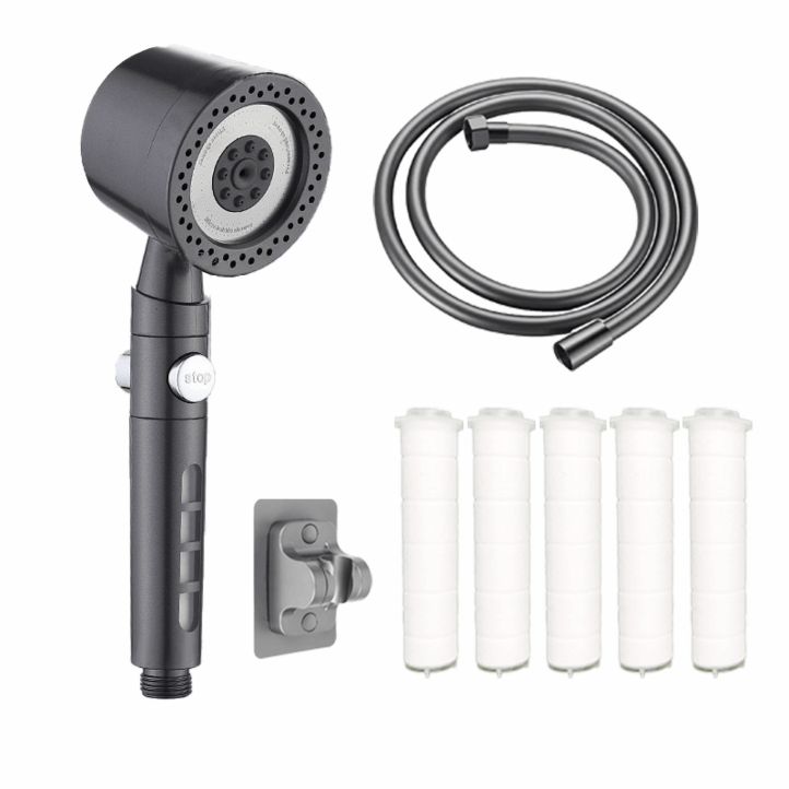 Skapendy 샤워기헤드 6단 조절 필터샤워기 수압상승 물때방지 호스2M 교체 필터 5P, 1세트, 진회색