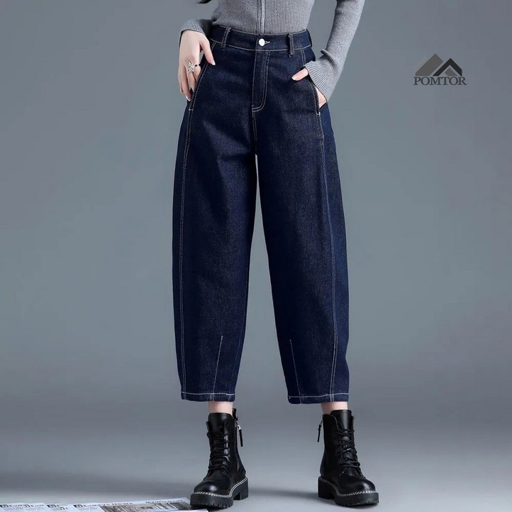 POMTOR 여성 편한 워싱 와이드 데님 팬츠 빅사이즈 배기 청바지