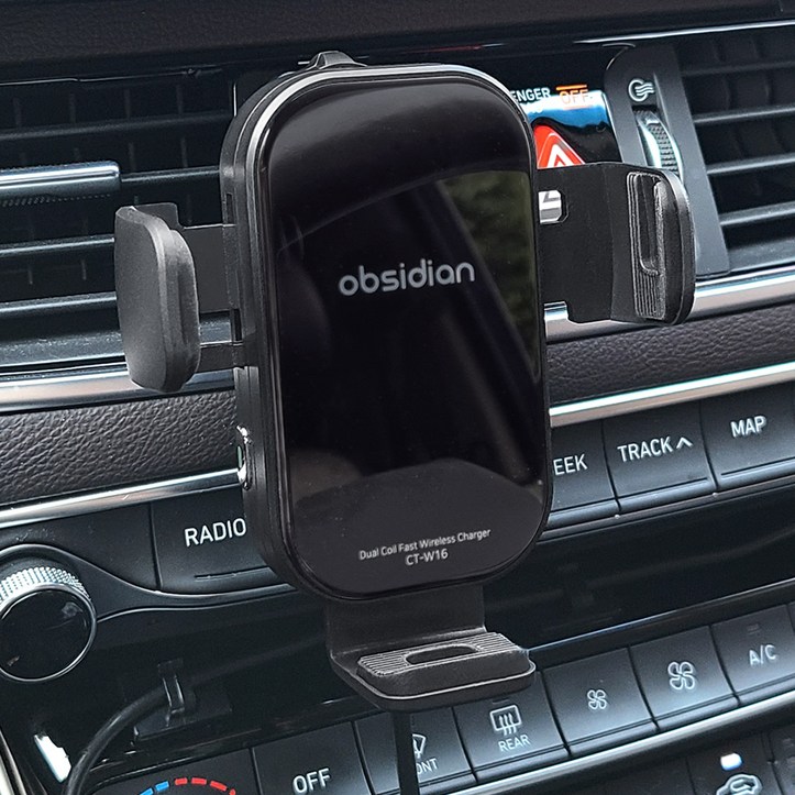 옵시디언 차량용 핸드폰 고속 무선충전 거치대 듀얼코일 갤럭시 아이폰 Z플립, CT-W16, 블랙