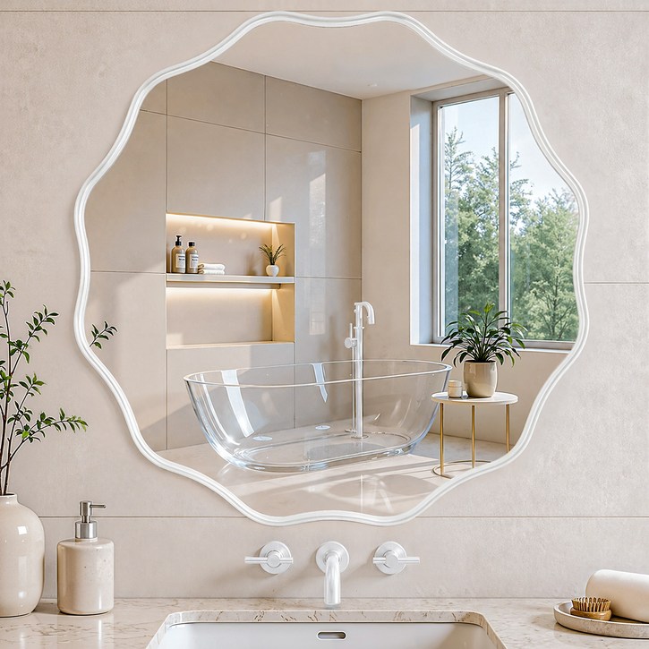 글로우캐치 플라워 원형 벽거울 화장대거울 욕실거울 강화안전유리, 화이트75cm