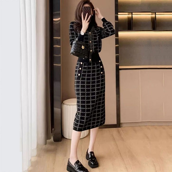 슬림소녀 여성 봄가을 니트 버튼 상의 치마 세트 기질 패션 체크 스웨터 미디 스커트 투피스