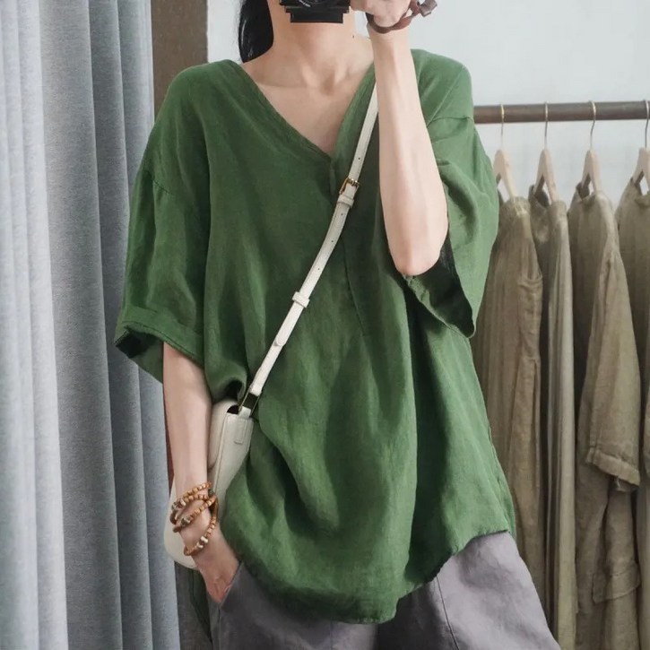 쁘띠꼬모 빅사이즈 여성 브이넥 반팔 티셔츠 데일리 루즈핏 반팔 여자반팔티 여름 반팔티셔츠 N22408
