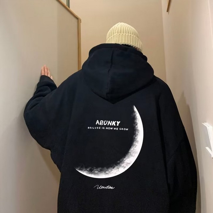 메이리앤 남자 후드티 오버핏 기모 후드 티셔츠 초승달 프린팅