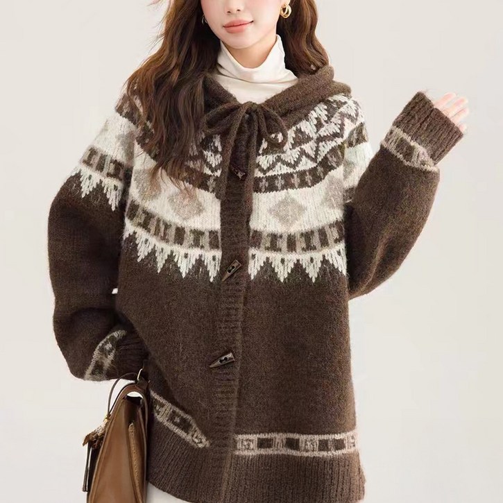 cammello 윈터 더플 후드 노르딕 니트 가디건 따뜻한 겨울 스웨터