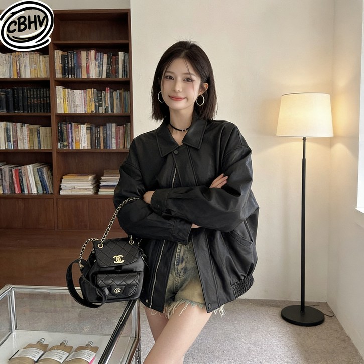CBHV 여성 재킷 캐주얼 심플 레더 지퍼 루즈핏 가을 겨울 코트