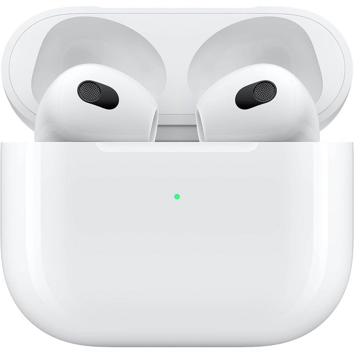 라이트닝 충전 케이스 포함 Apple AirPods(3세대) 무선 이어버드. 공간 오디오, 땀과 물에 강함, 최대 30시간의 배터리 수명. iPhone용 블루투스 헤드폰