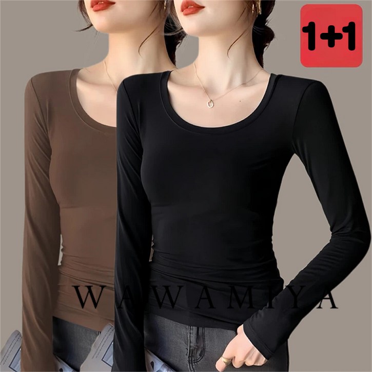 1+1 모달 라운드 긴팔 티셔츠 빅사이즈 이너  솔리드 슬림핏 봄 가을 상의 세미정장  WAWAMIYA