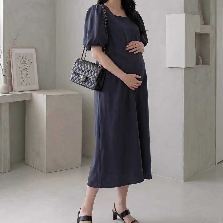 [당일출고] 수엠W 스퀘어넥 퍼프 소매 임산부 루즈핏 롱 원피스 하객룩 R06 르네원피스