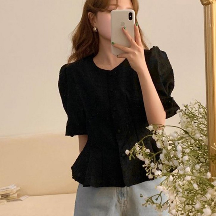 라라홀리 클래식 자카드 프릴 퍼프 반팔 자켓 블라우스