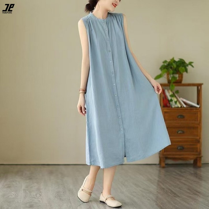 타임퓨어 여성 여름 루즈핏 캐주얼 롱 캐주얼 민소매 솔리드 원피스 라운드넥 시원한 휴양지 민소매 나시 원피스