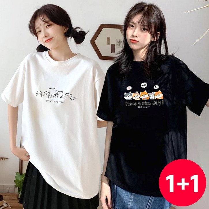 1+1 스타일아유 우유실크원단 귀여운 캐릭터 영문 프린팅 오버핏 반팔티 여성용 티셔츠 신상무배 TS3594